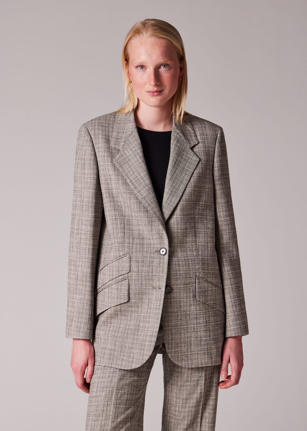 Women's Grey Textured Check Wool-Blend Blazer