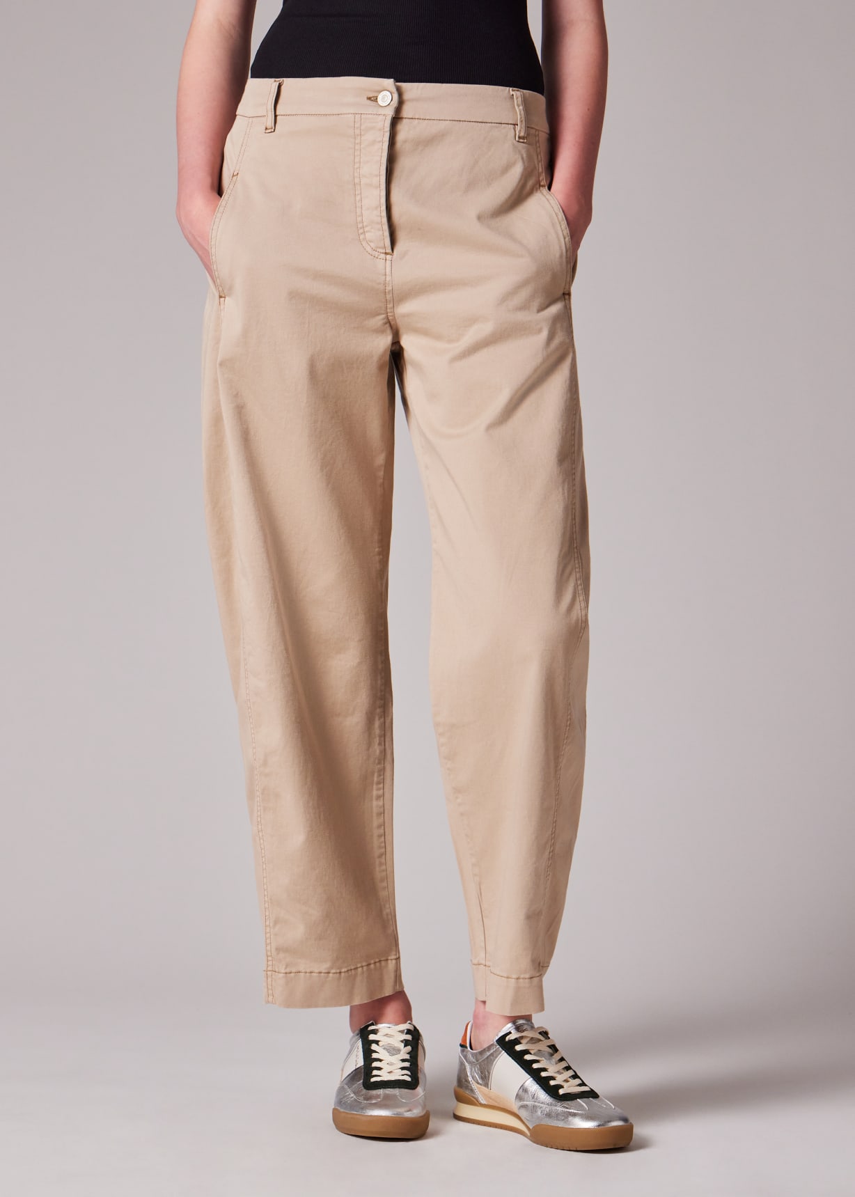 Women's Beige Cotton-Blend Barrel Leg Trousers