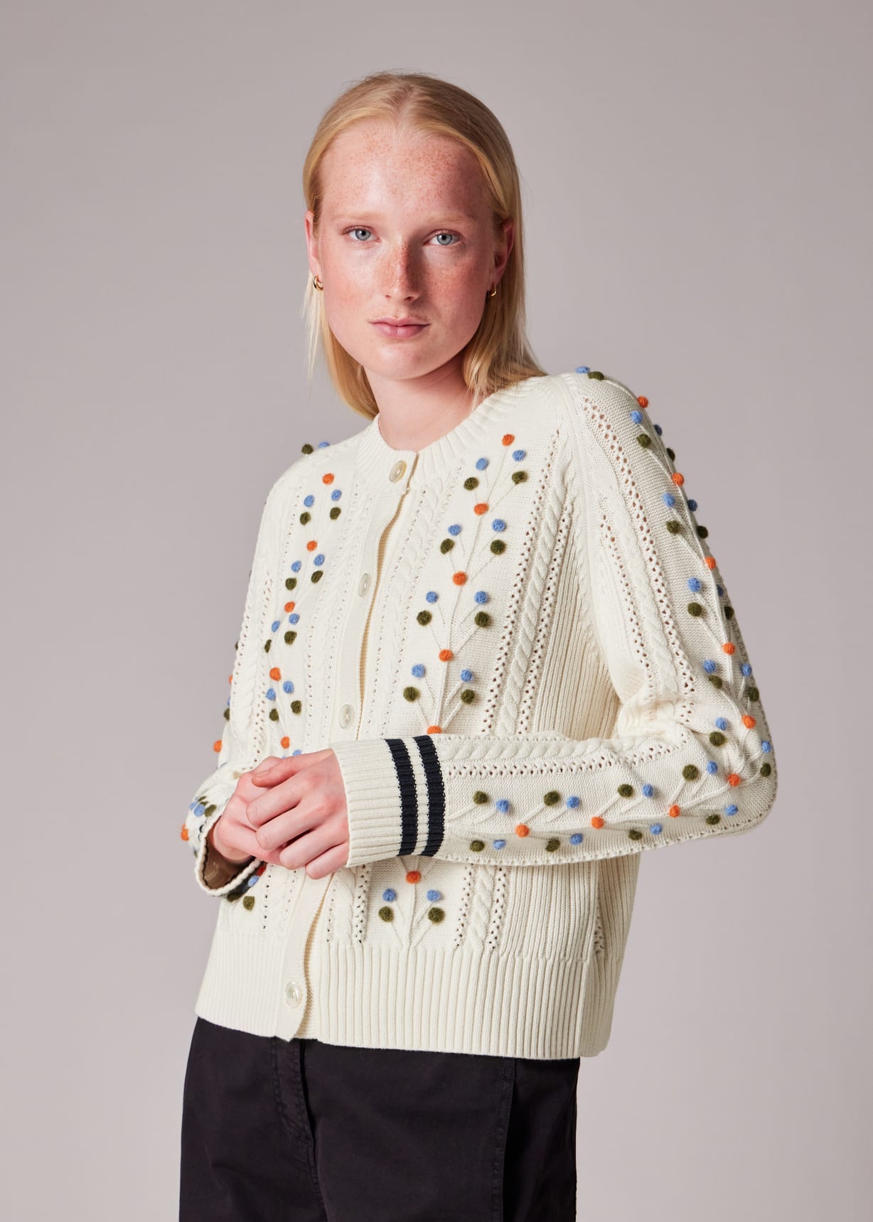 Women's Ecru Cable Knit Pom Pom Cardigan