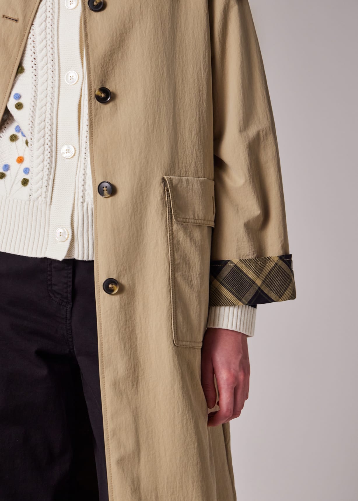 Women's Stone Nylon Mac with Contrast Check Trim