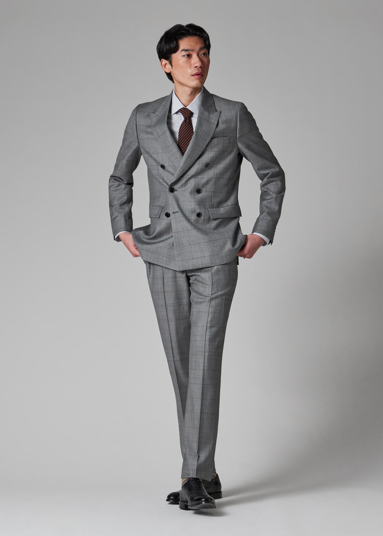 Men's Grey Windowpane Check Wool Double-Breasted Blazer