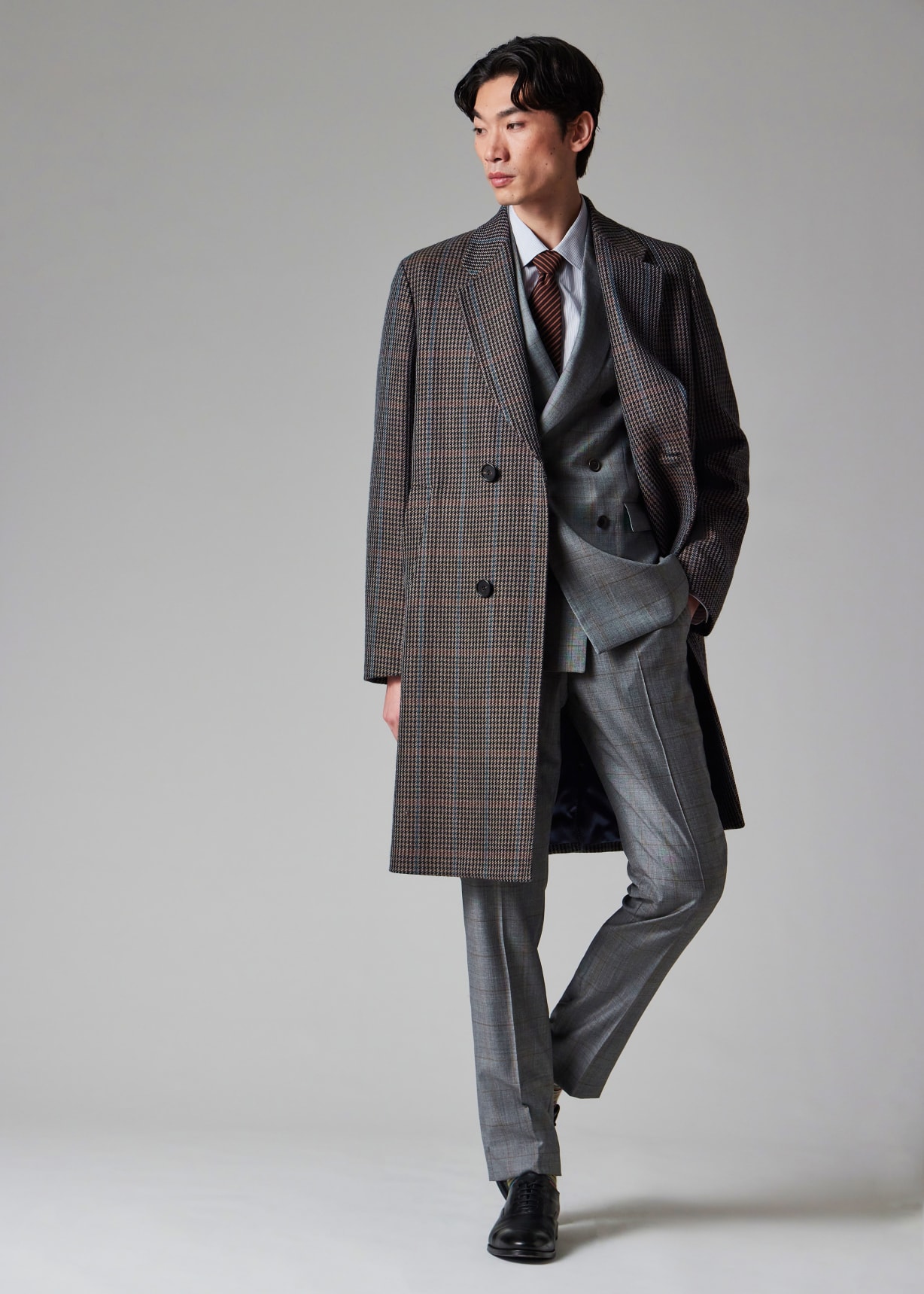 Men's Brown Multi-Houndstooth Wool-Blend Overcoat