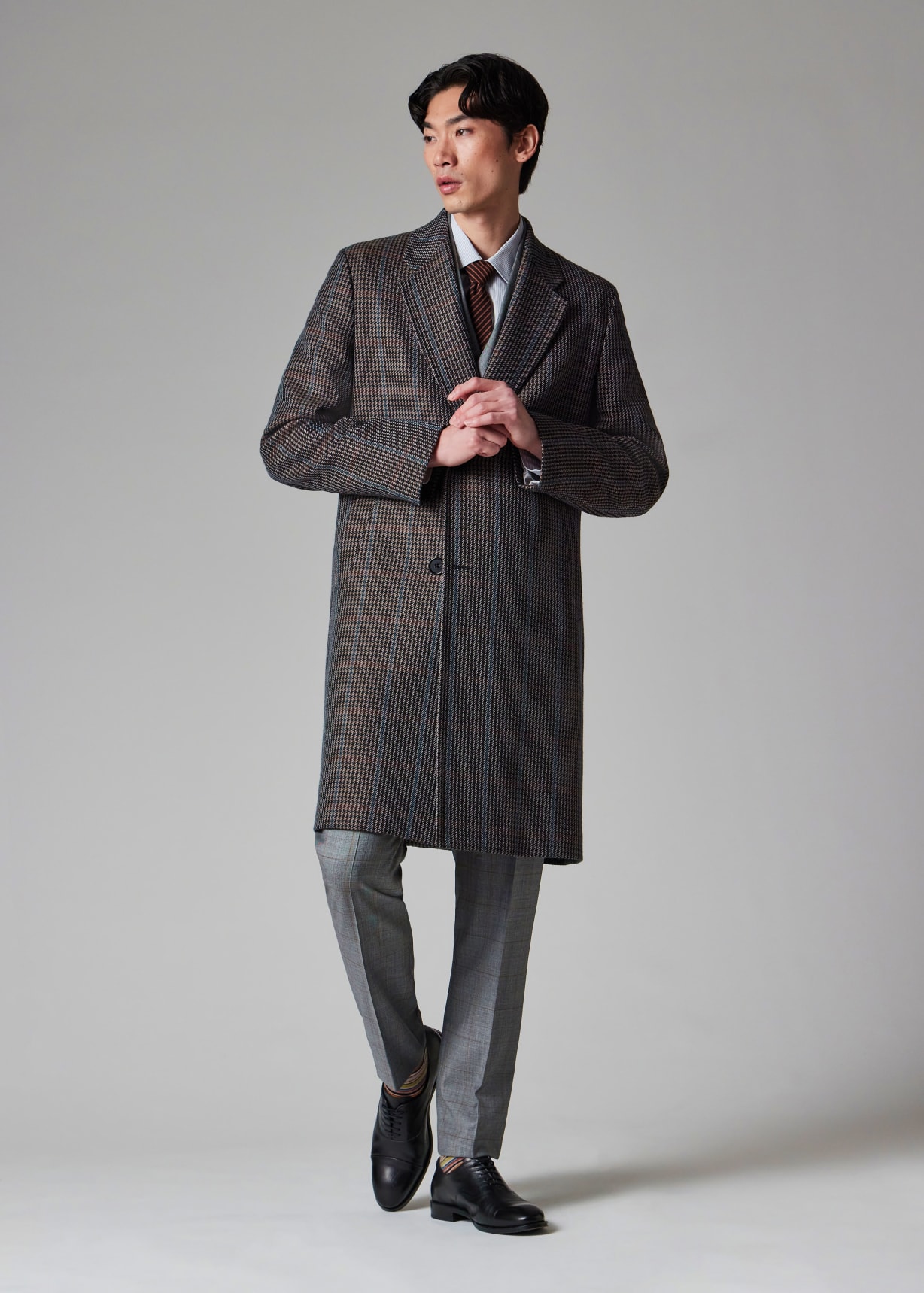 Men's Brown Multi-Houndstooth Wool-Blend Overcoat
