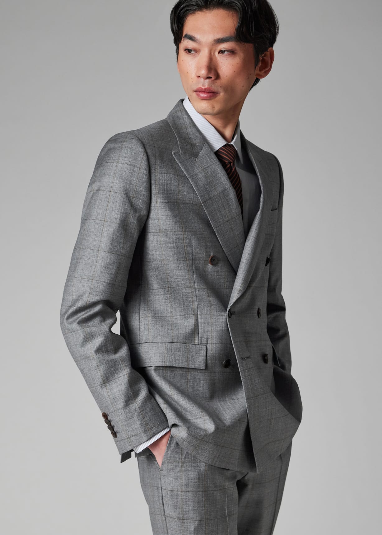 Men's Grey Windowpane Check Wool Double-Breasted Suit