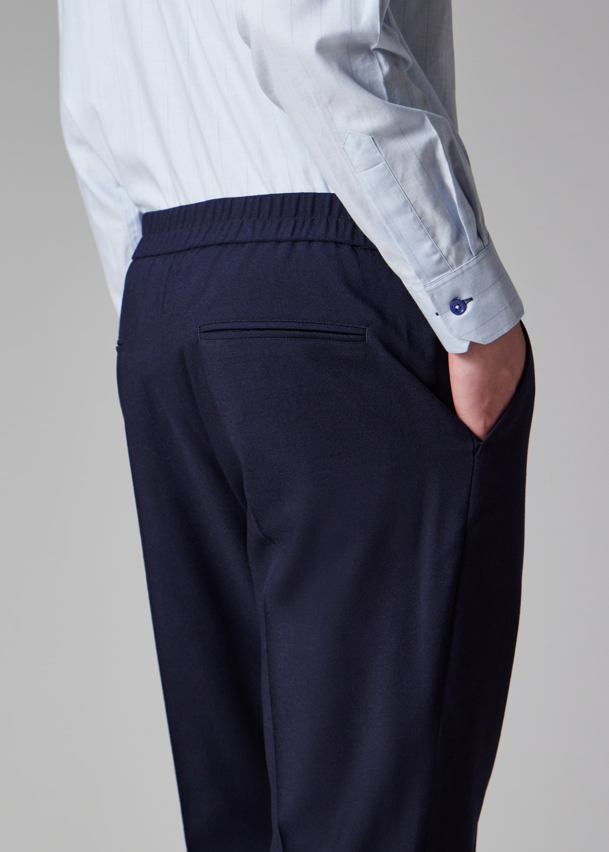 Men's Dark Navy Two-Ply Hopsack Wool Elasticated-Waist Trousers