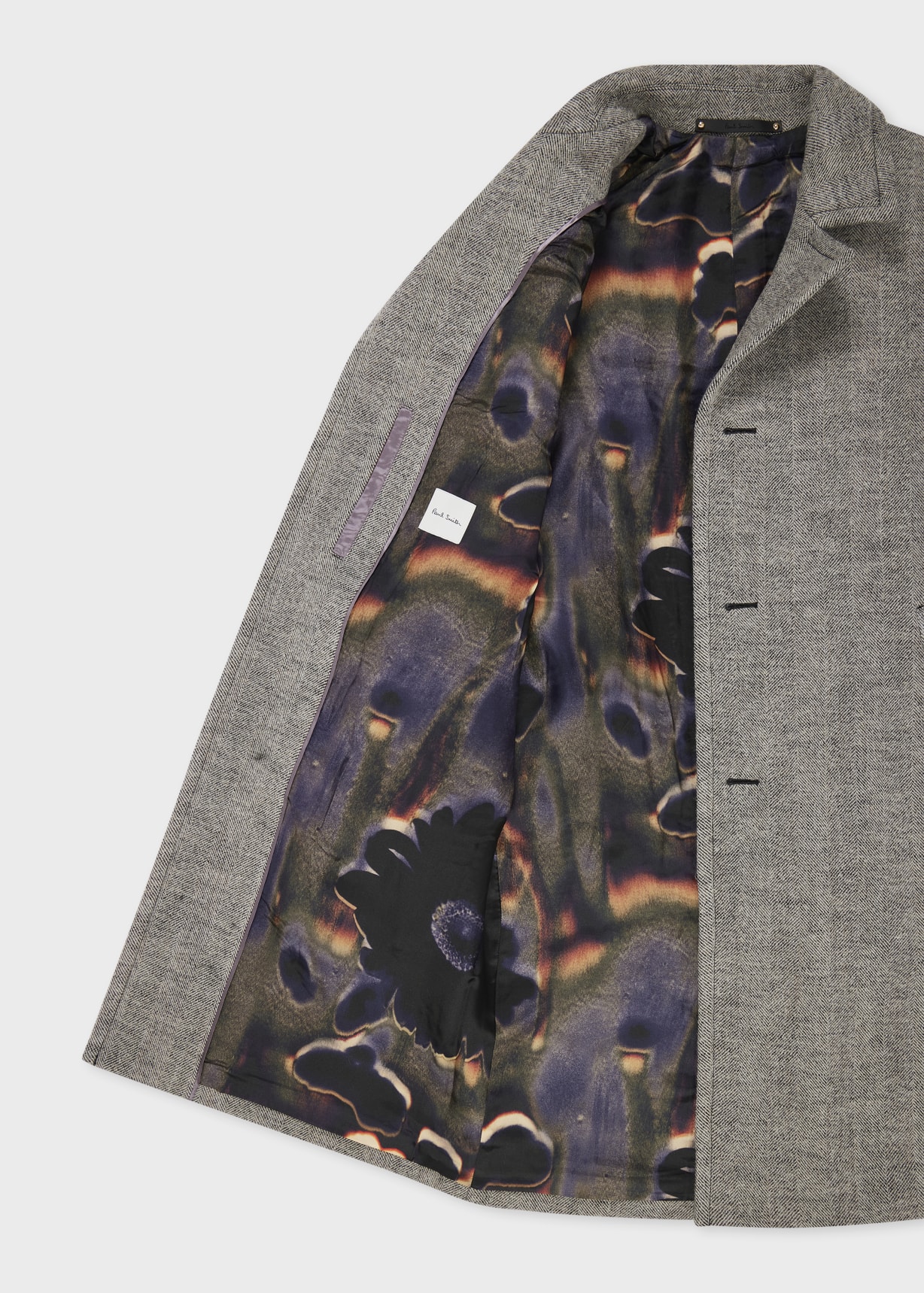 Men's Grey Tumbled Herringbone Wool-Blend Overcoat