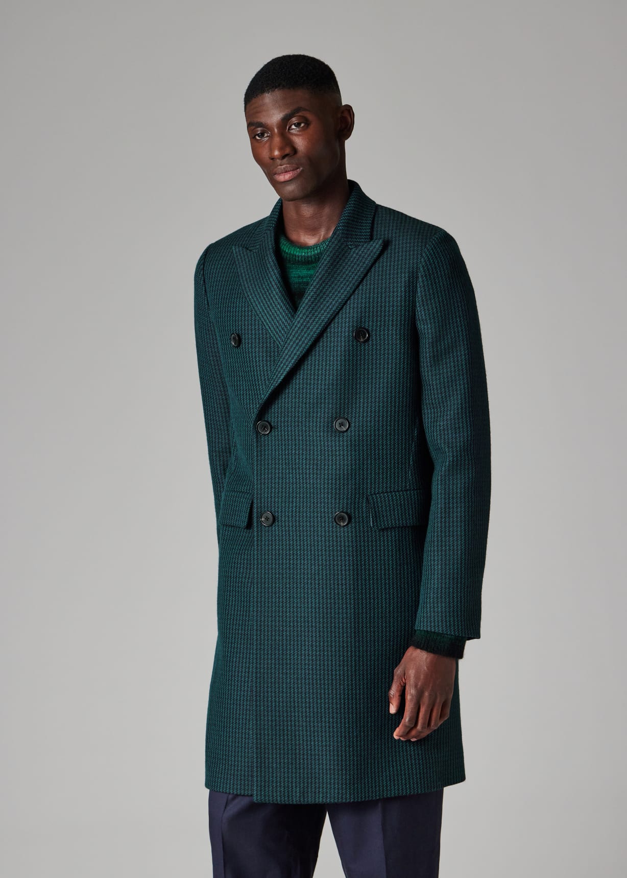 Men's Navy and Teal Houndstooth Wool-Blend Double Breasted Overcoat