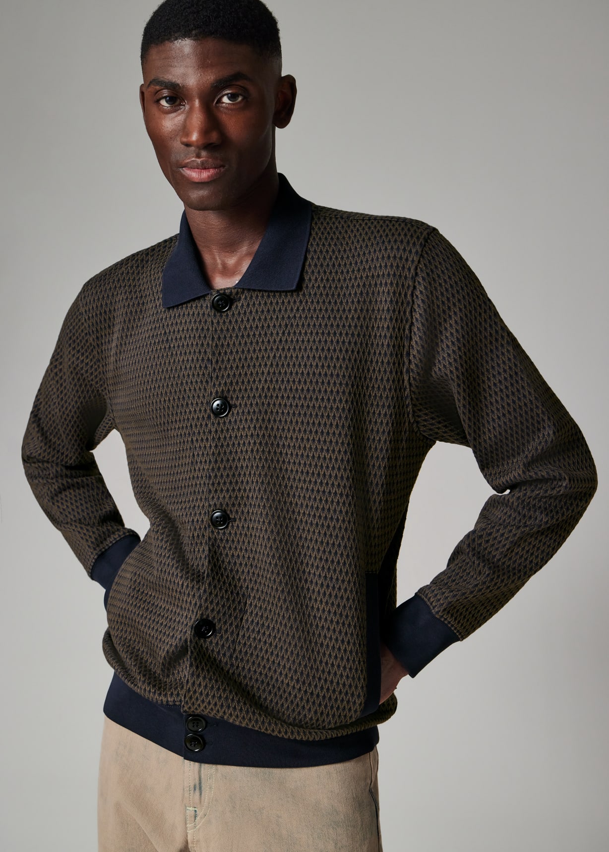 Men's Brown Cotton-Blend Jacquard Jersey Cardigan