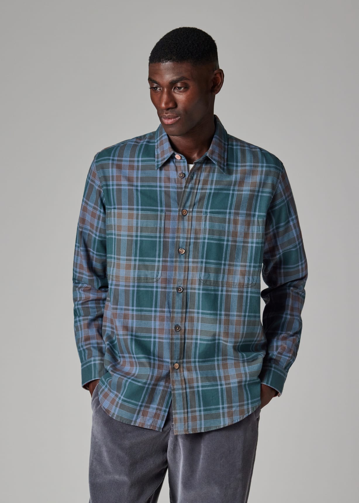 Men's Green and Blue Cotton-Flannel Check Shirt
