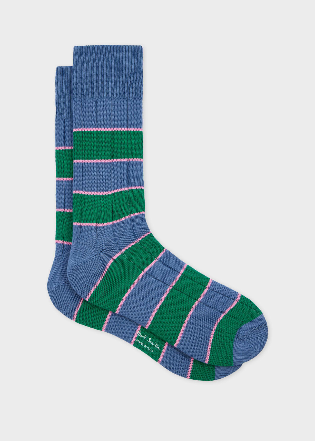 Men's Blue and Green Cotton-Blend Rib Socks
