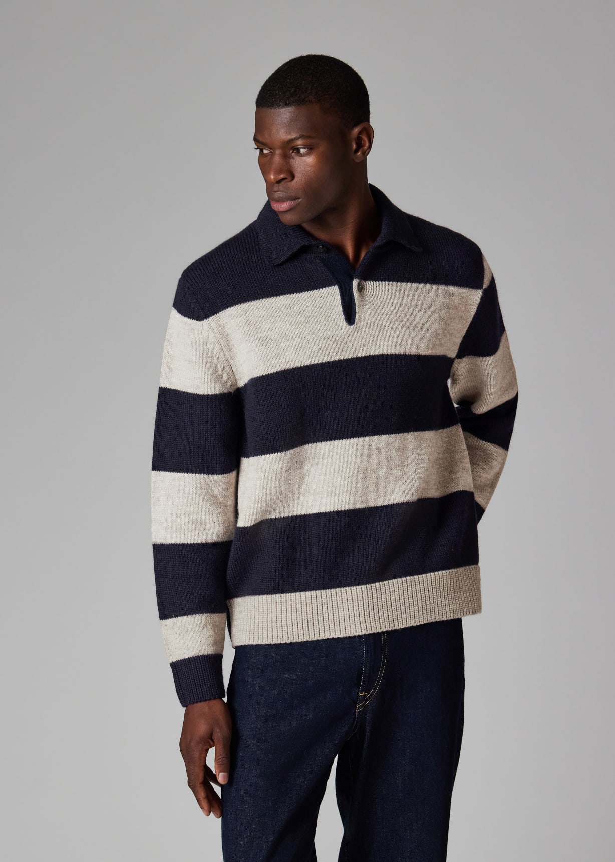 Men's Navy Block Stripe Knitted Polo Sweater
