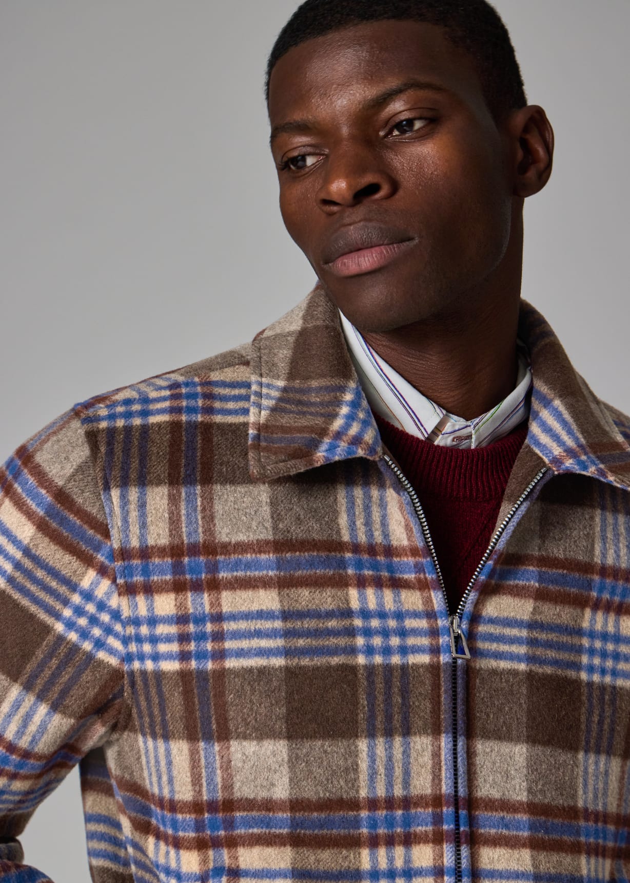 Men's Brown and Blue Brushed Wool-Blend Zip Jacket