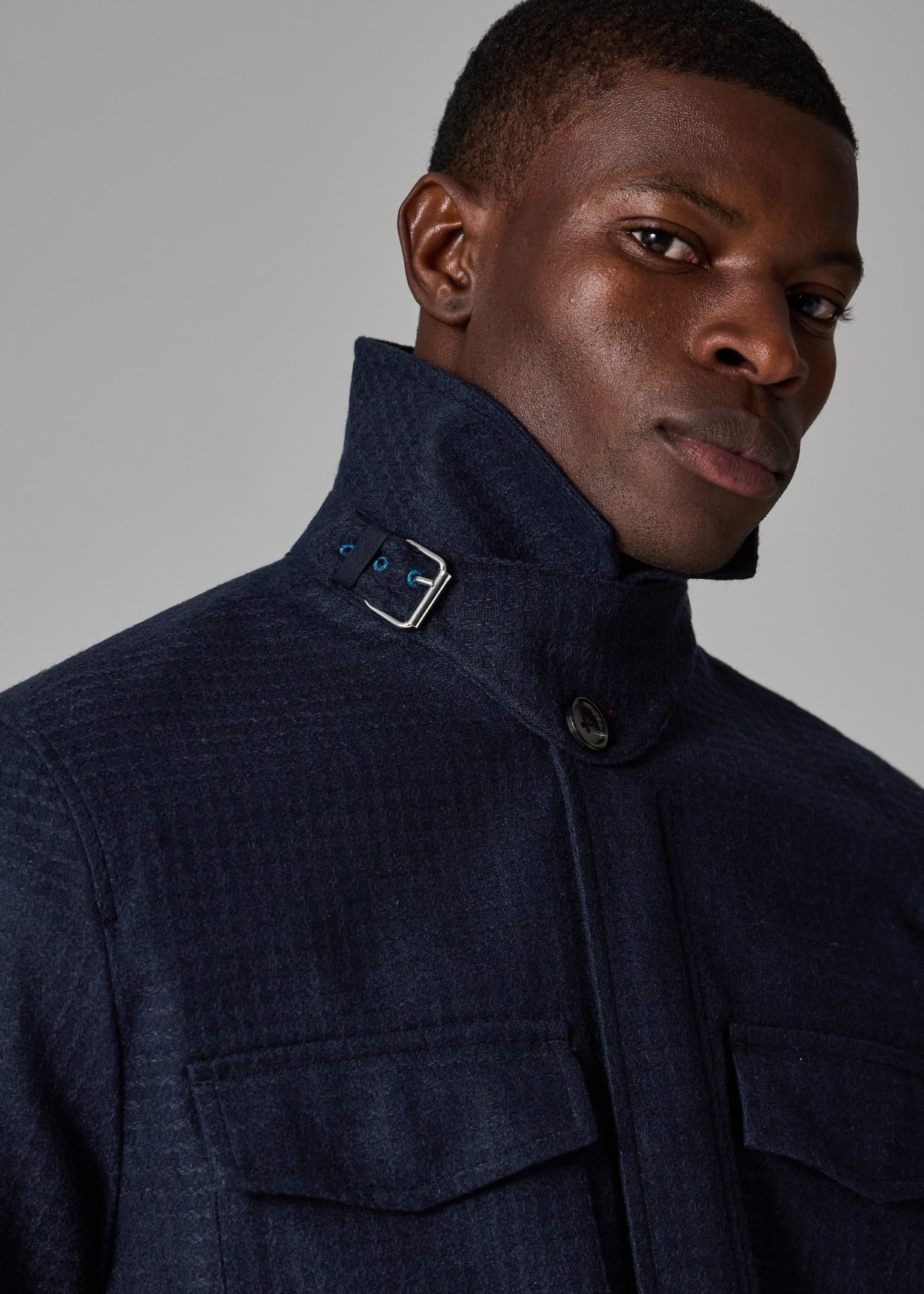 Men's Navy Textured Wool-Blend Field Jacket