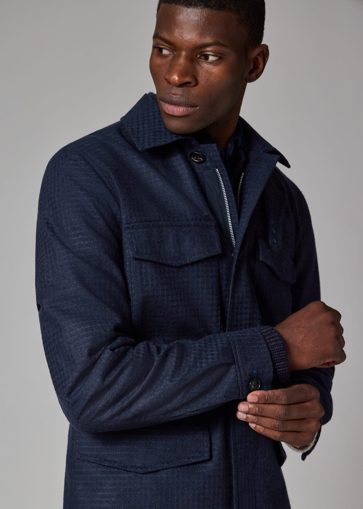 Men's Navy Textured Wool-Blend Field Jacket