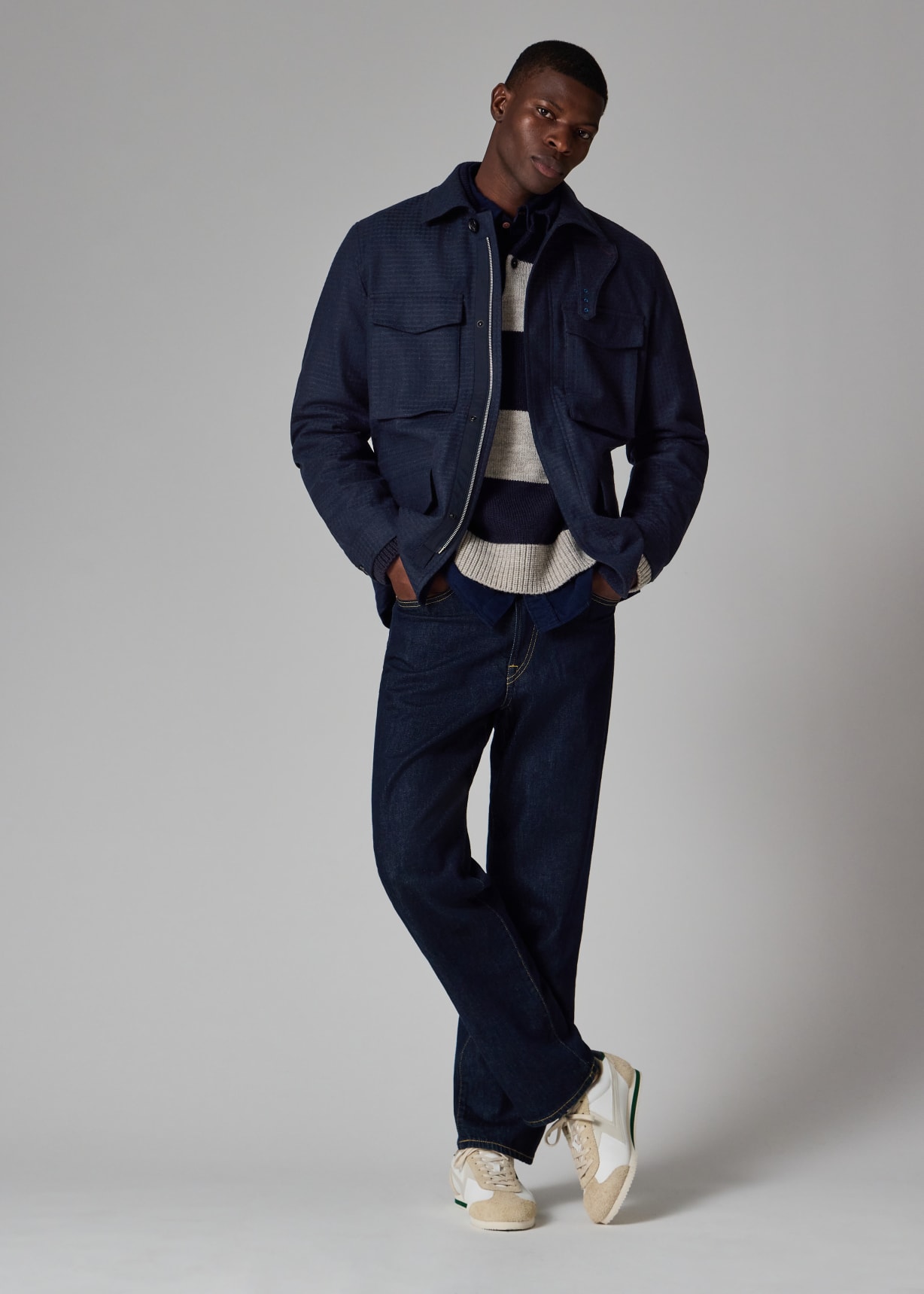 Men's Navy Textured Wool-Blend Field Jacket