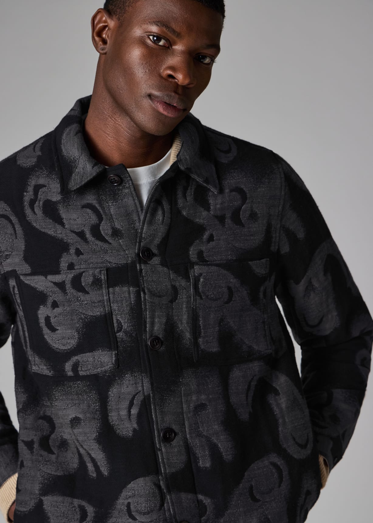 ジャケット・アウター vintage Paul smith black linen 100% jkt Men's Black 'Waltzer' Jacquard Cotton-Blend Shirt Jacket