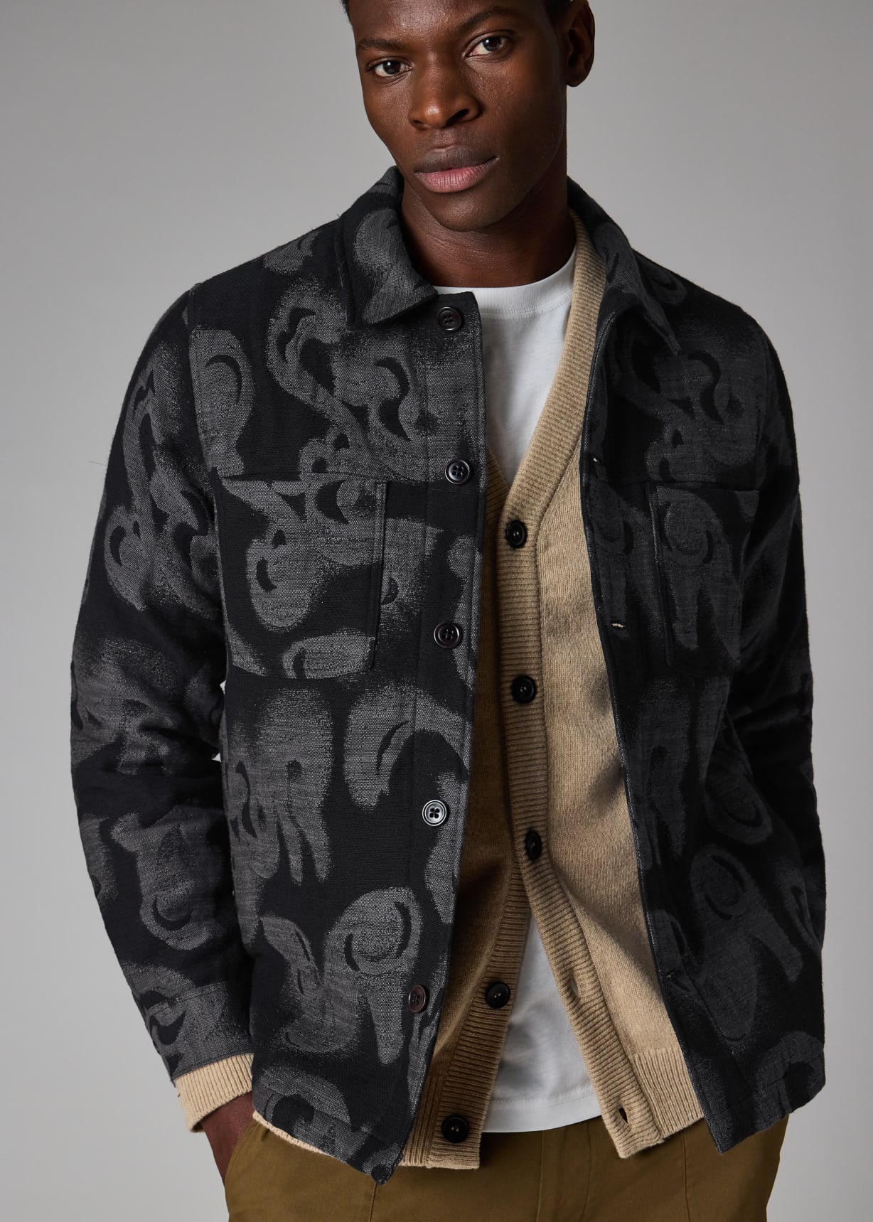 Men's Black 'Waltzer' Jacquard Cotton-Blend Shirt Jacket