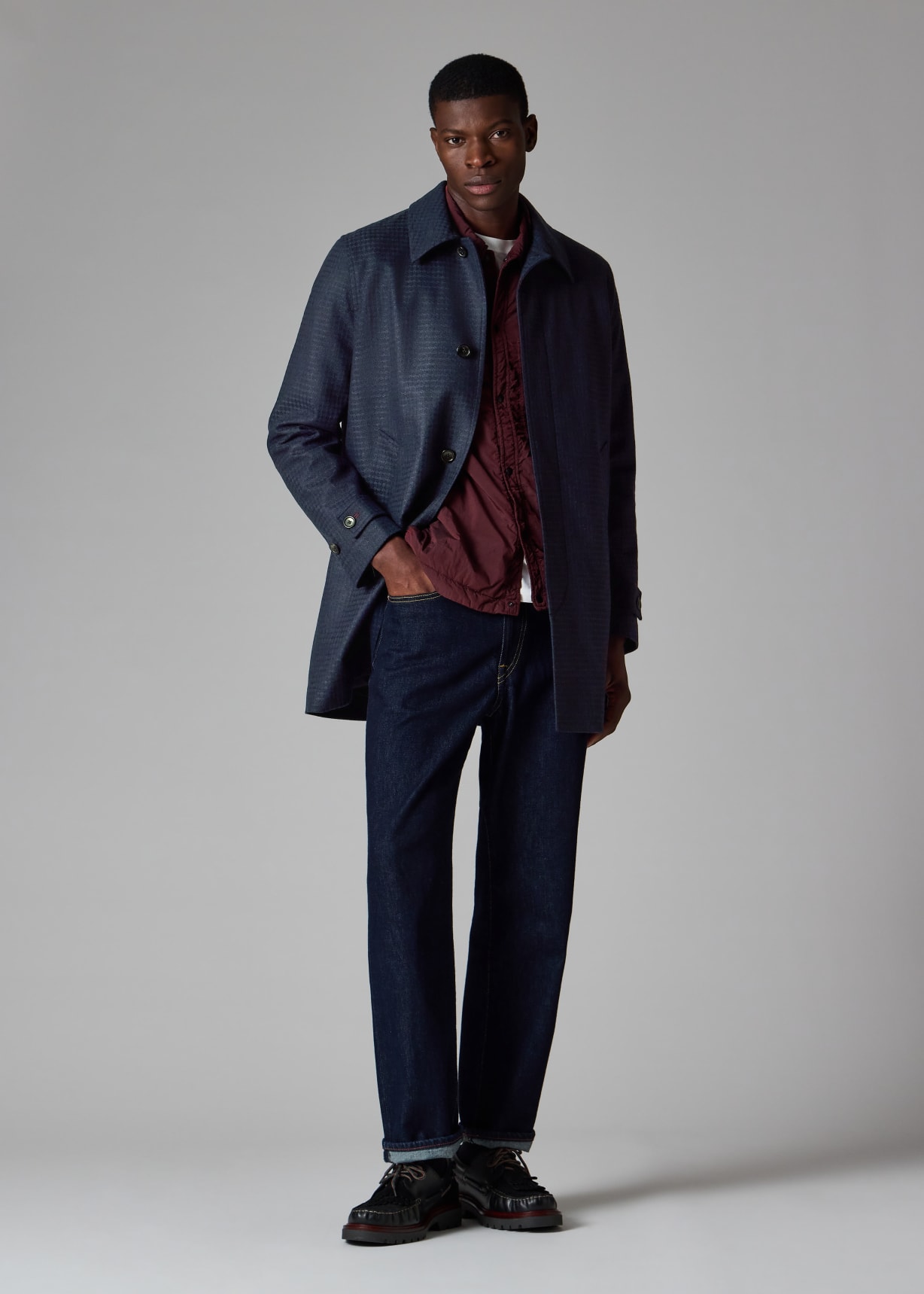 Dark Navy Wool-Blend Check Coat