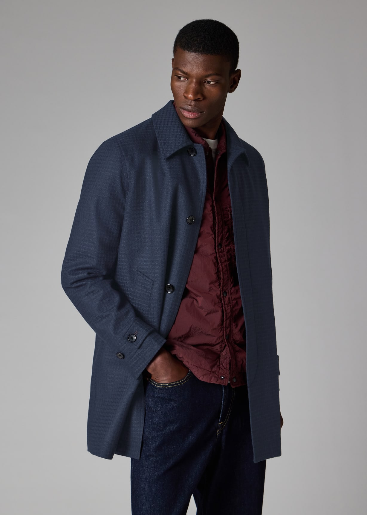 Dark Navy Wool-Blend Check Coat