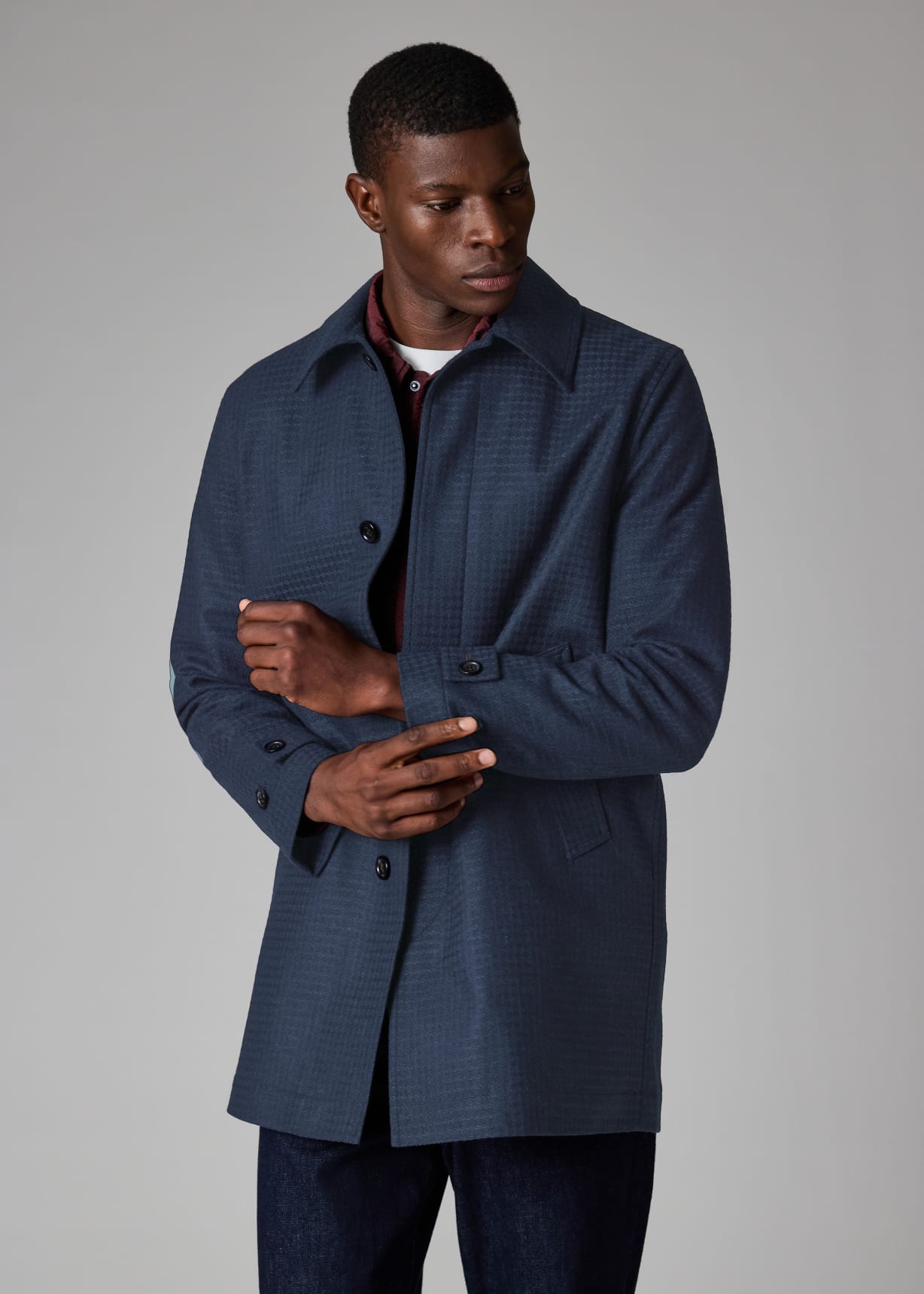 Dark Navy Wool-Blend Check Coat
