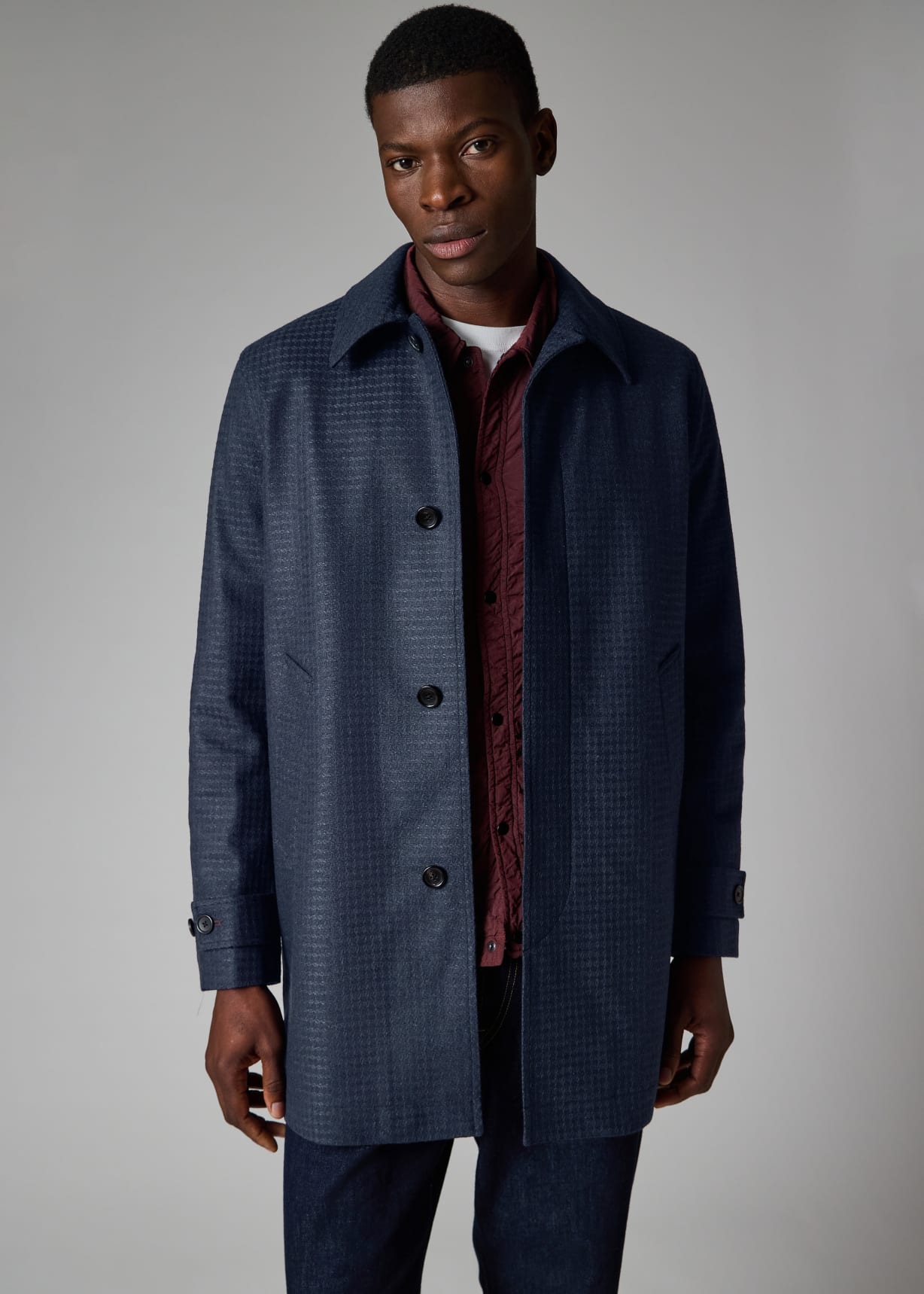 Dark Navy Wool-Blend Check Coat