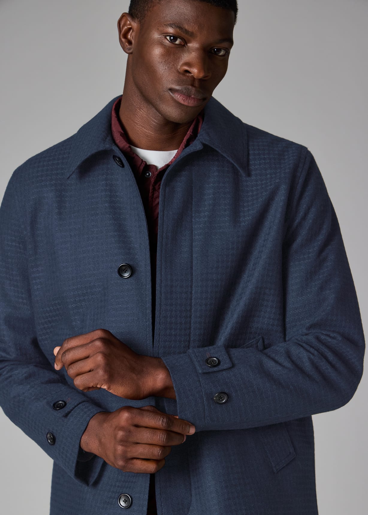 Dark Navy Wool-Blend Check Coat