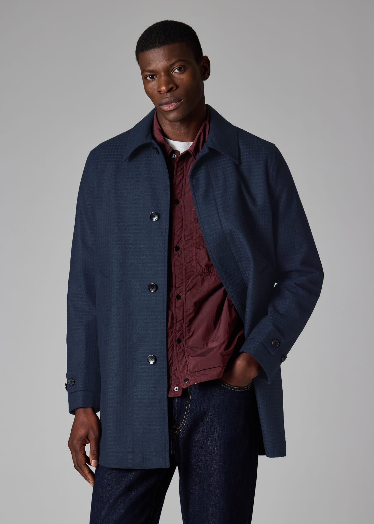 Dark Navy Wool-Blend Check Coat