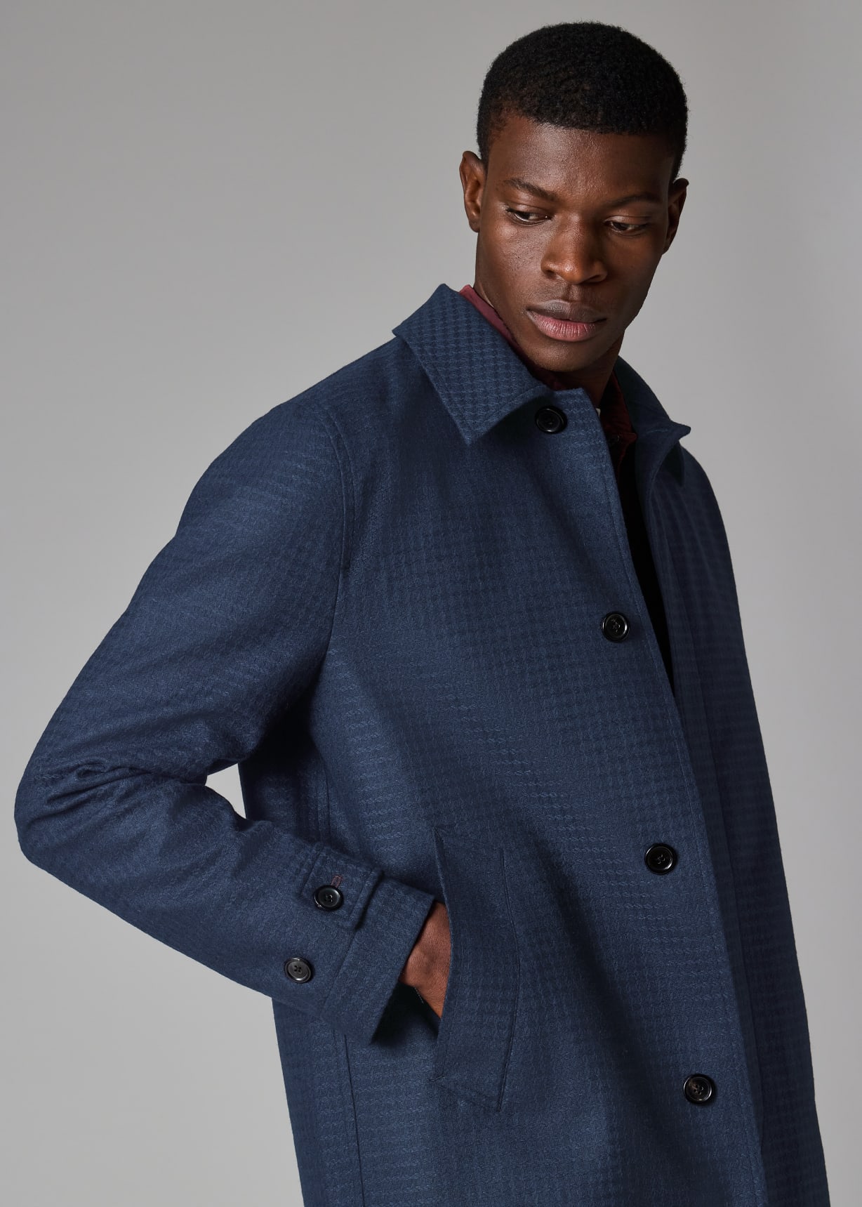 Dark Navy Wool-Blend Check Coat