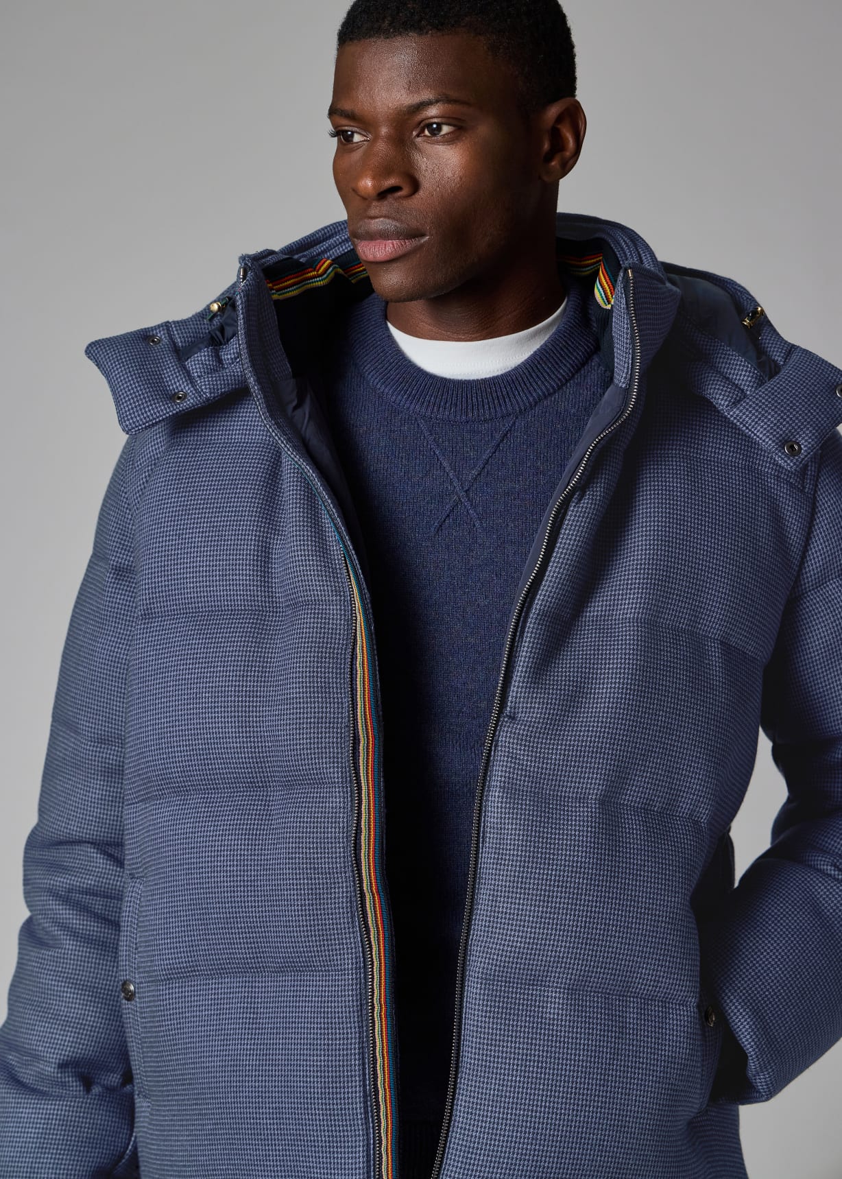 Men's Navy Houndstooth Down Jacket with Detachable Hood