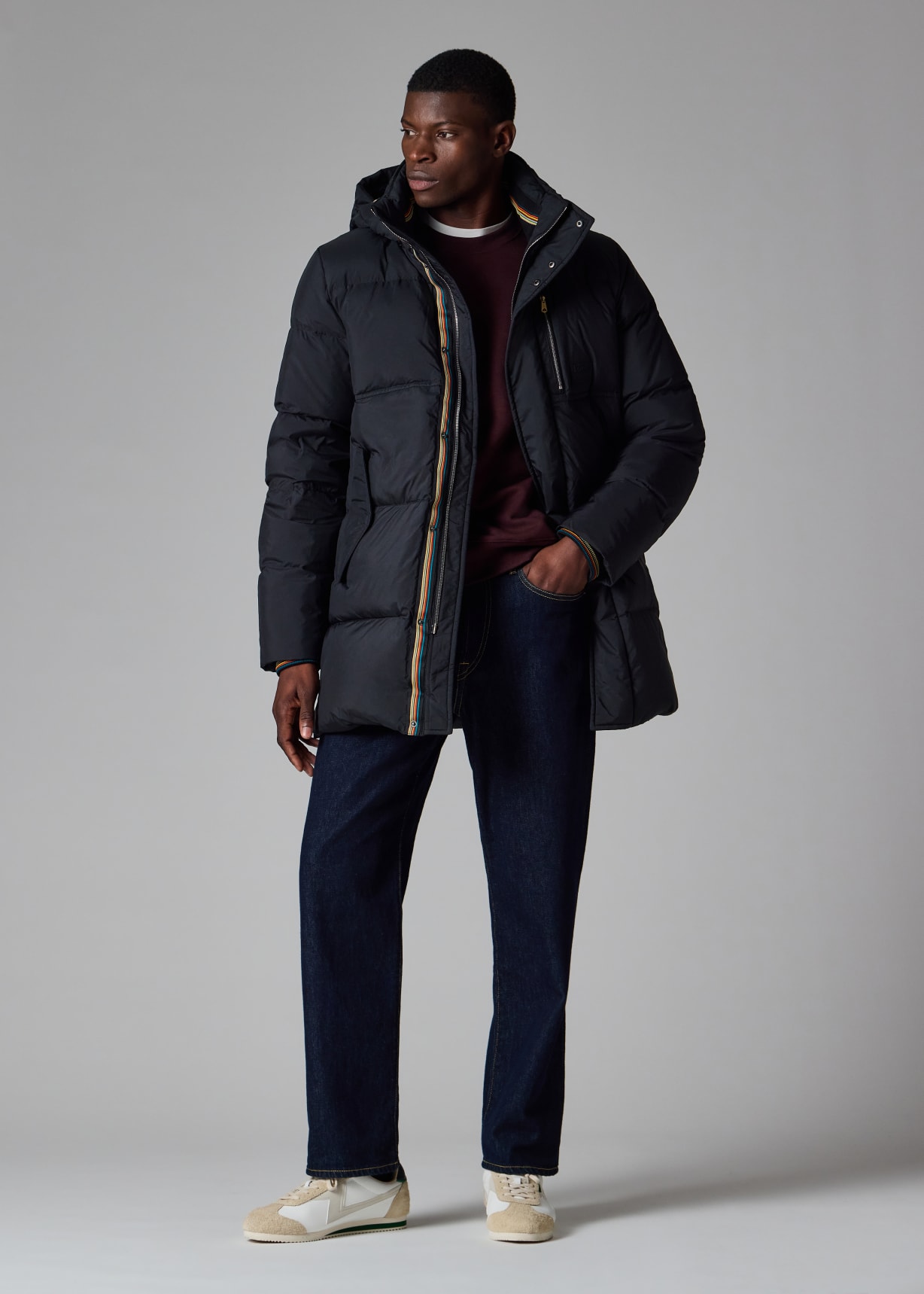 Men's Black Water Repellent Mid-Length Down Coat