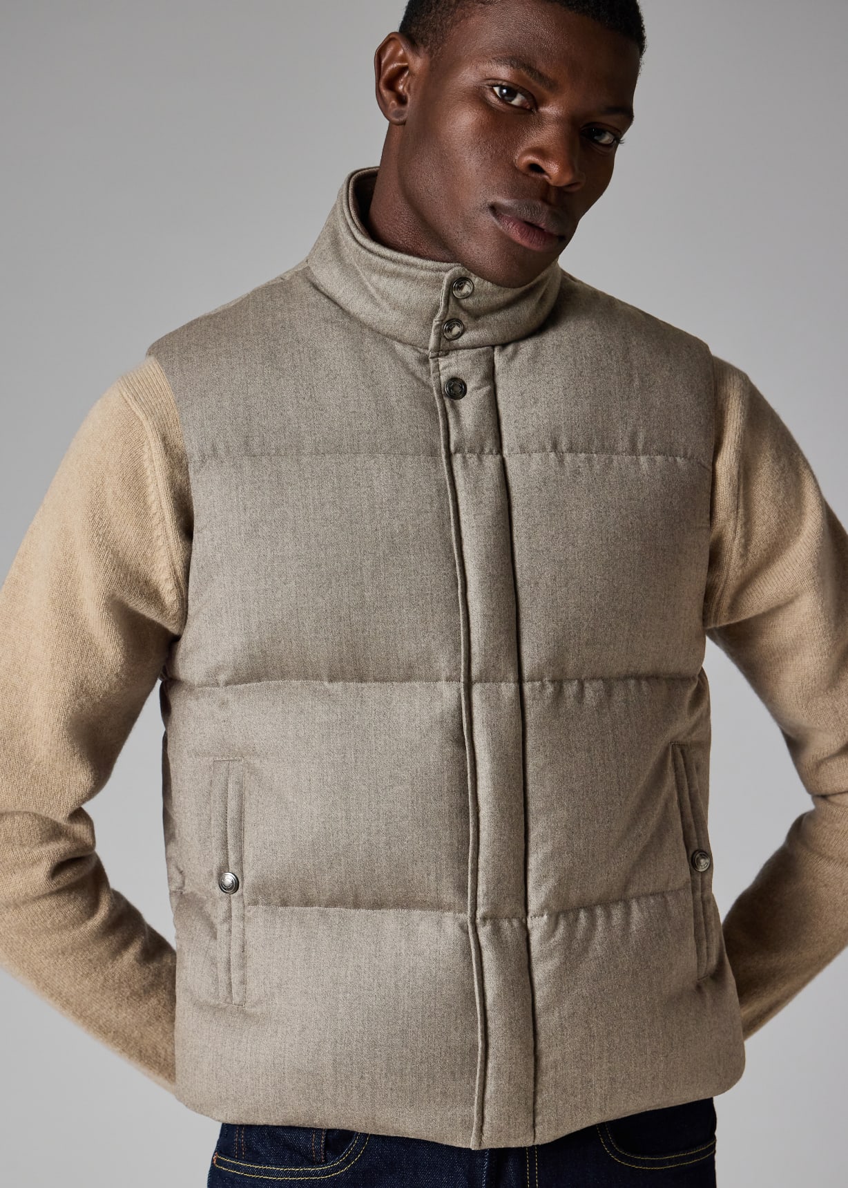 Men's Grey Overdyed Wool-Cashmere Flannel Down Gilet