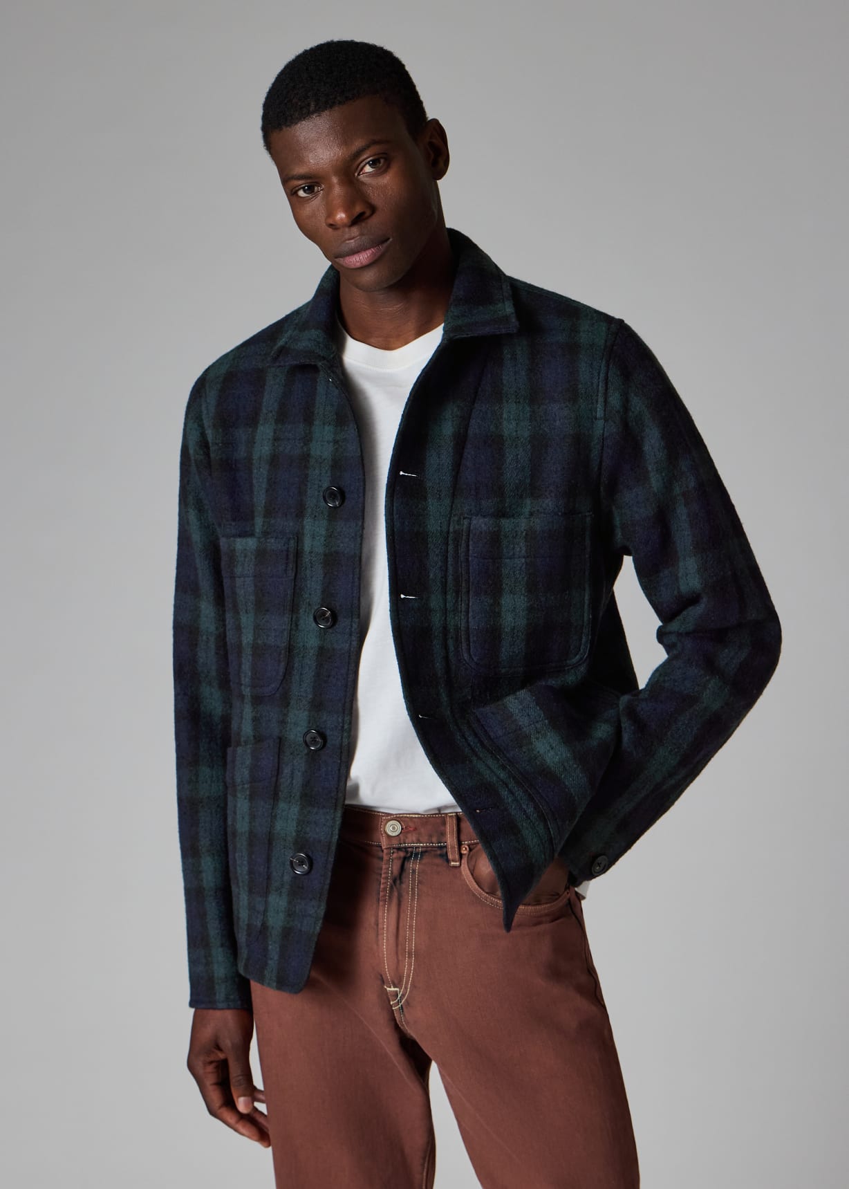 Paul Smith ジャケット　S　ウール　NVY　チェック Men's Navy and Green Check Wool Work Jacket