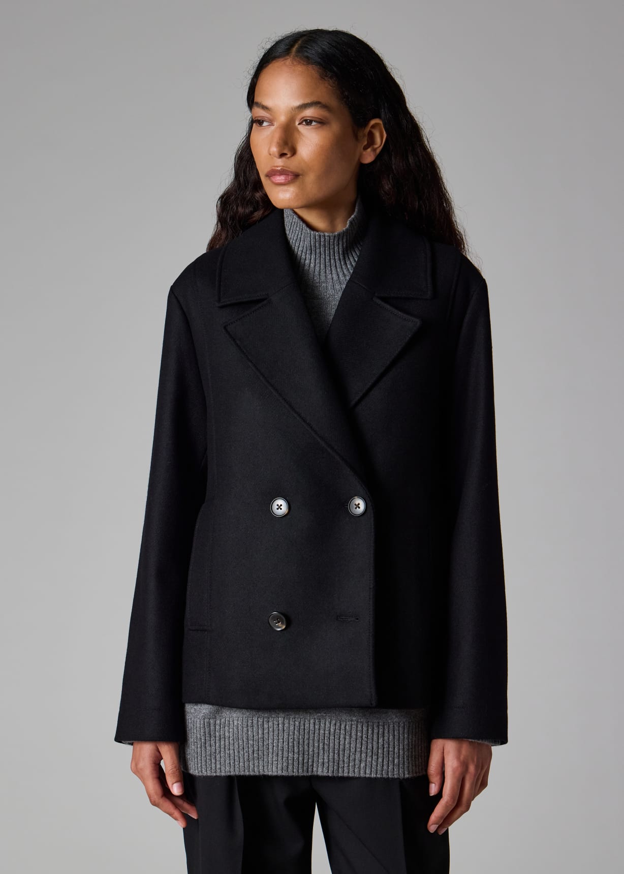 Women's Black Wool-Cashmere Blend Short Pea Coat
