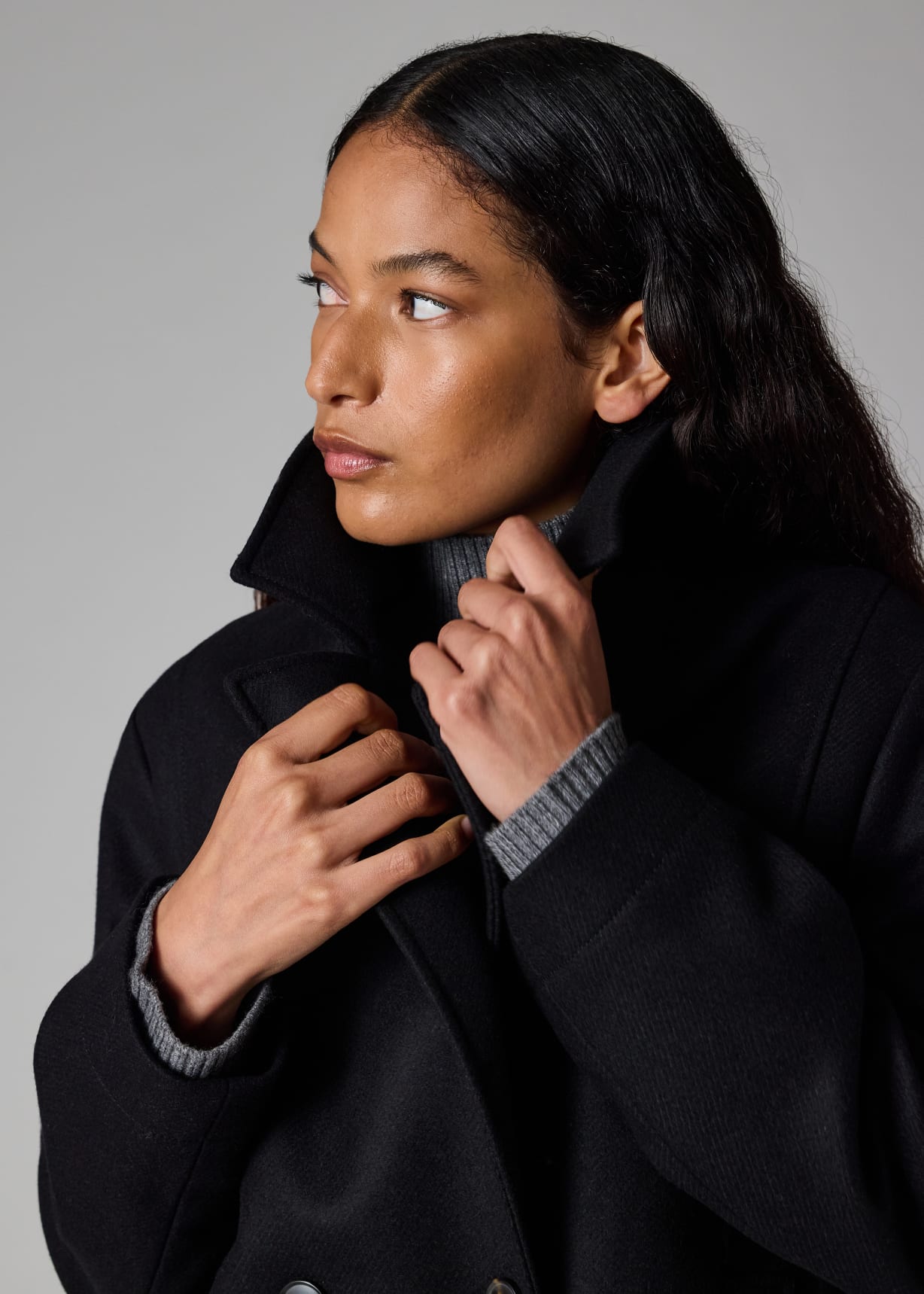 Women's Black Wool-Cashmere Blend Short Pea Coat