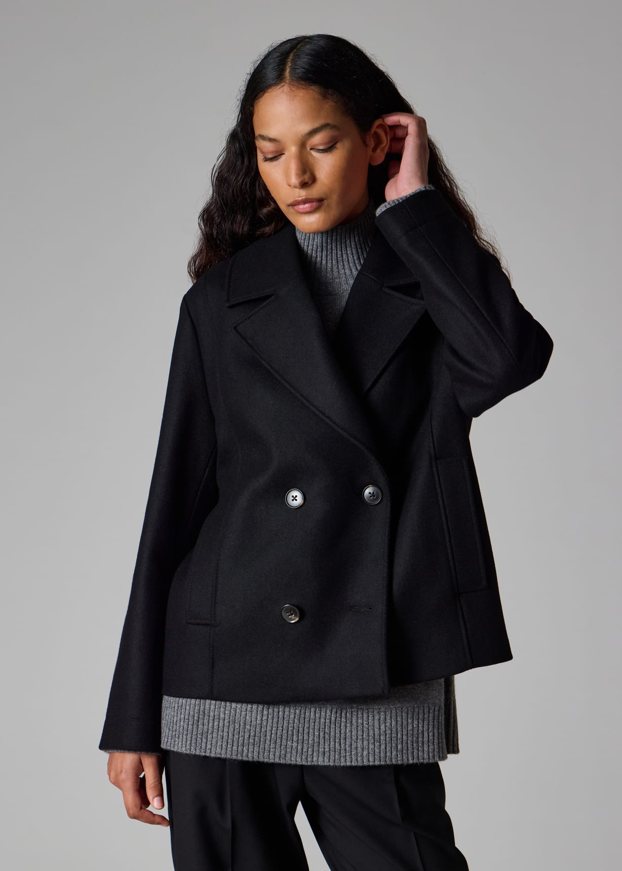 Women's Black Wool-Cashmere Blend Short Pea Coat