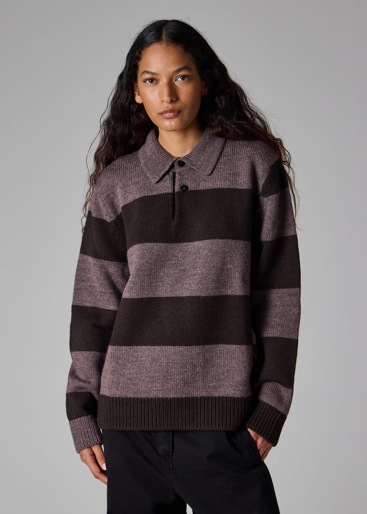 Men's Mauve Block Stripe Knitted Polo Sweater