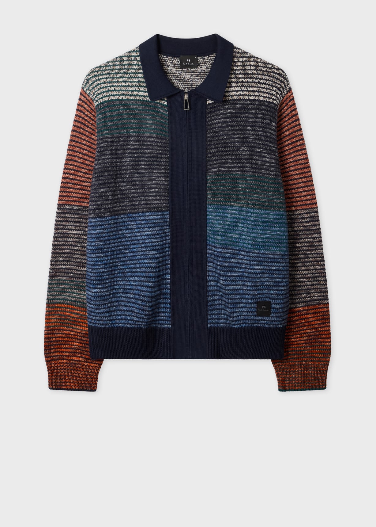 Men's Navy Colour-Block Zip-Through Cotton-Wool Cardigan
