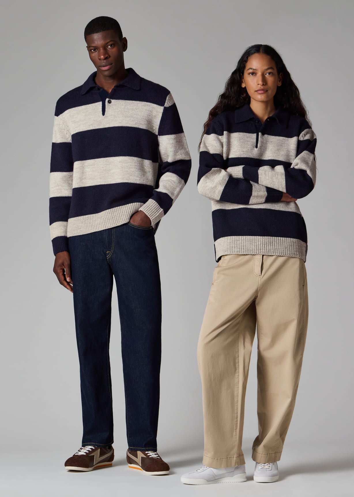 Men's Navy Block Stripe Knitted Polo Sweater