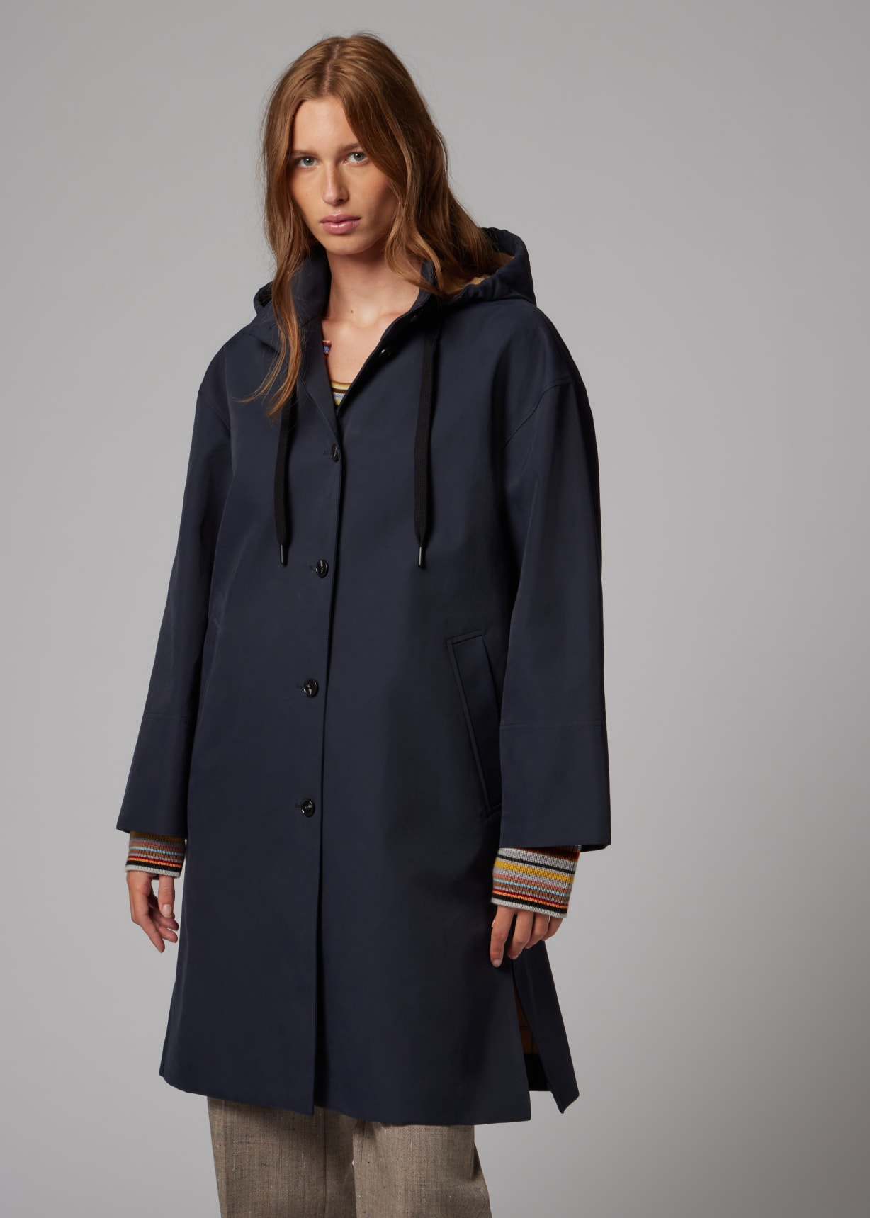 ジャケット・アウター Paul Smith MELTON LONG COAT Women's Blue Cotton-Blend Hooded Coat