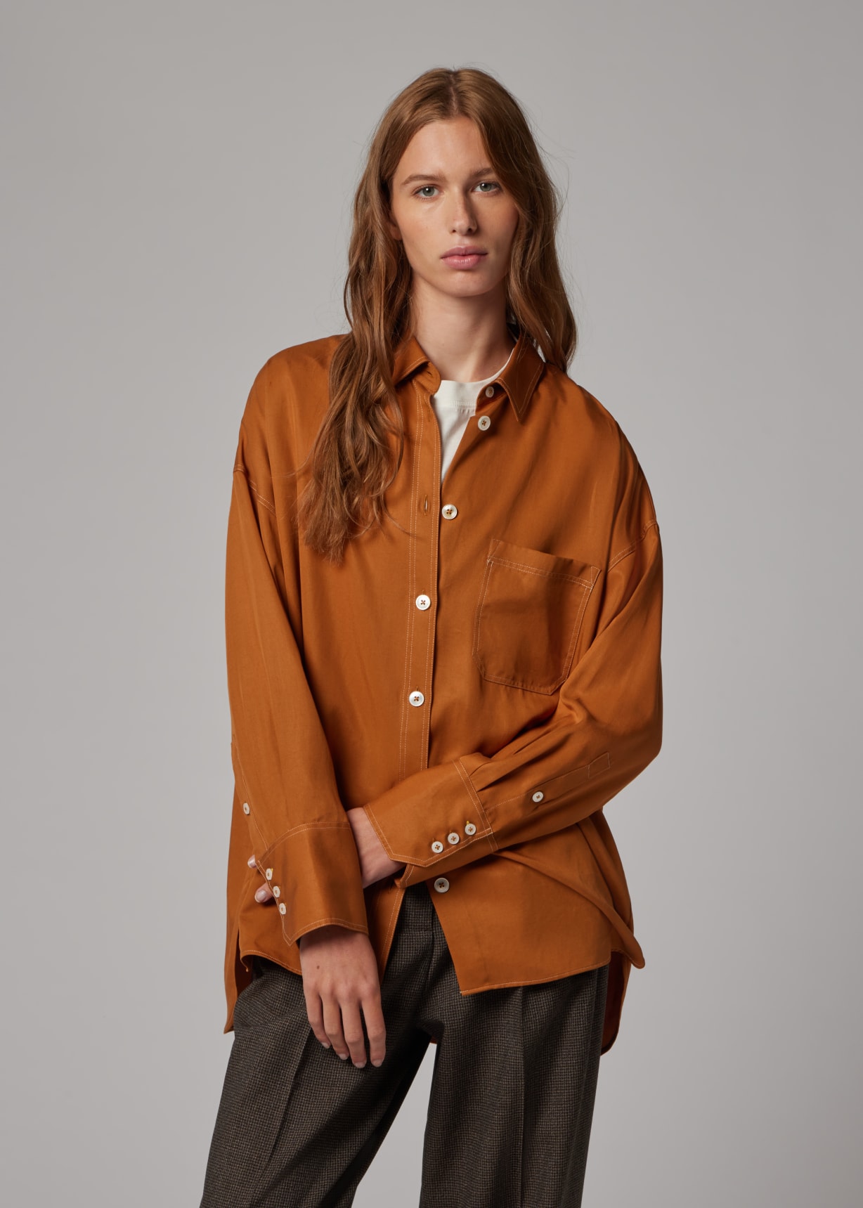 Women's Camel Shirt with Topstitching