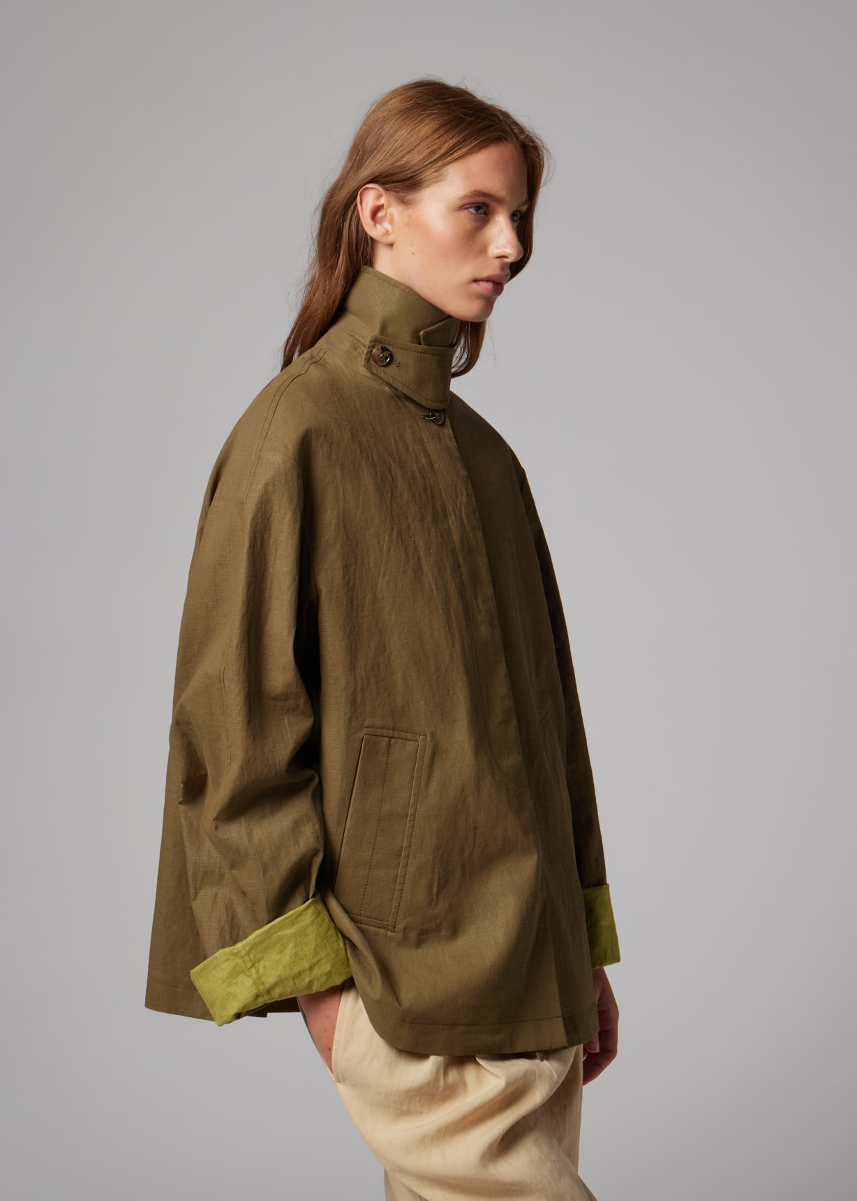 Women's Olive Green Linen Jacket with Contrast Cuffs