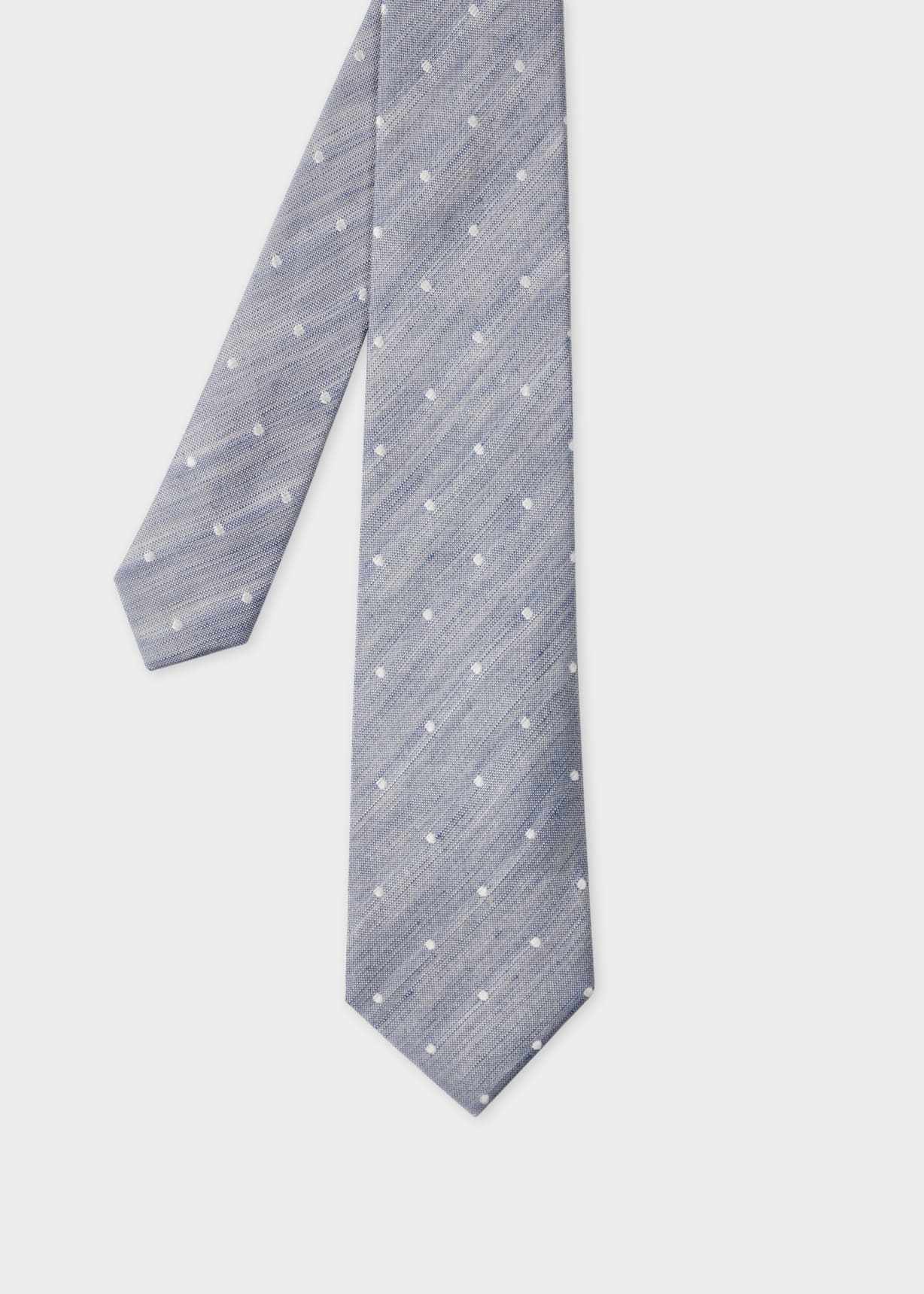 Light Blue Linen-Silk Blend Oxford Polka Dot Tie