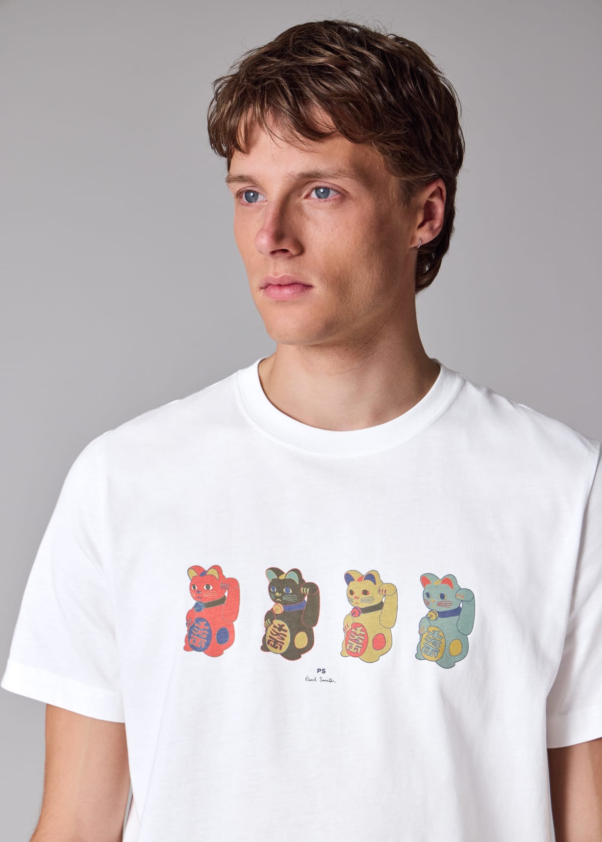 Men's White 'Lucky Cats' Print T-Shirt