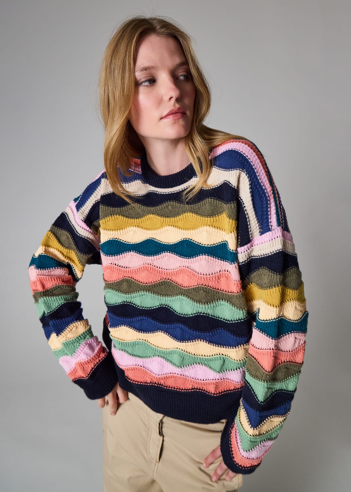 新品　WOMEN’S WR STRIPE CREW NECK KNIT S Women Casual Striped Crewneck Knitted Sweater Pullover 2023 Fall