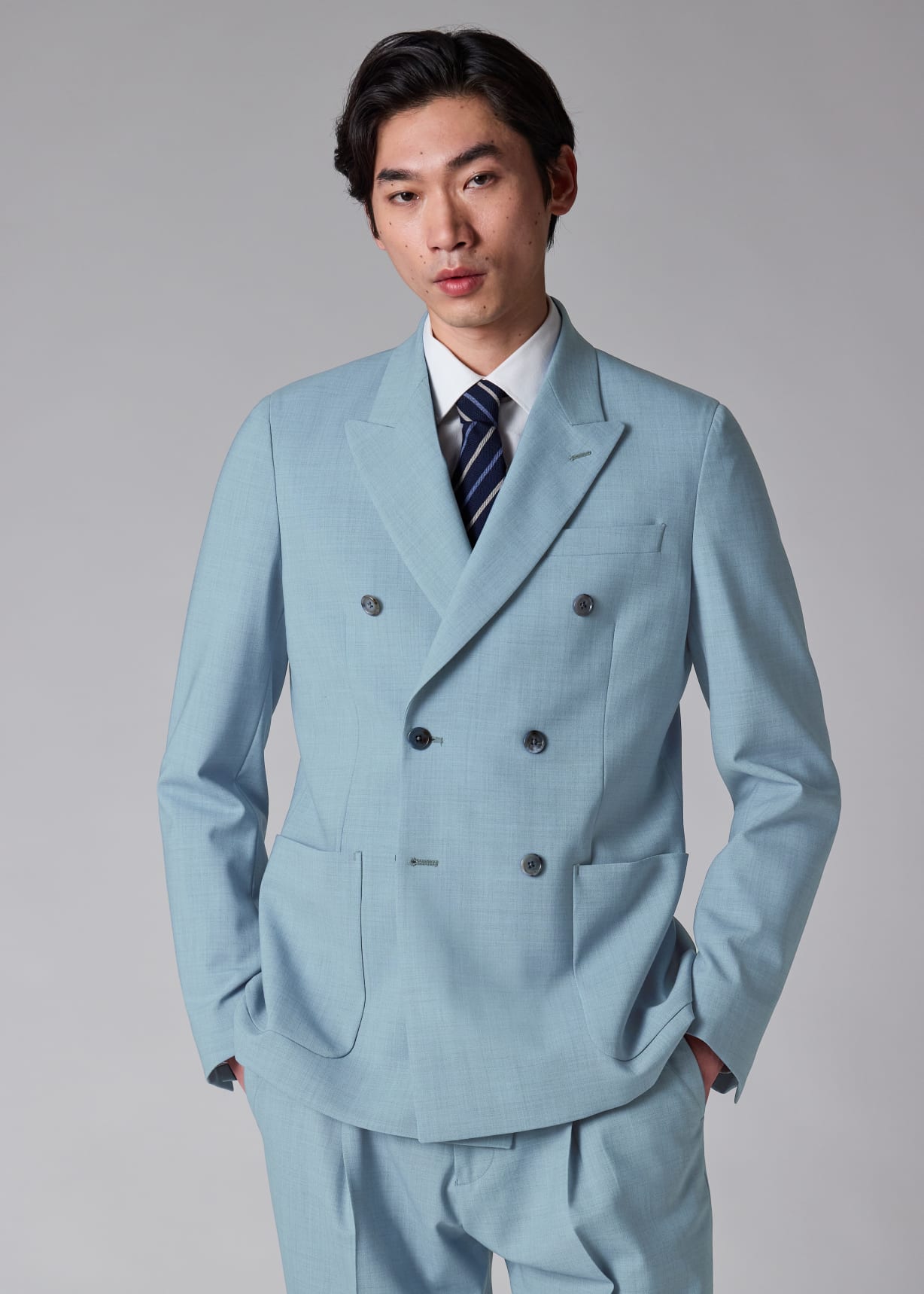Men's Tailored-Fit Light Blue Overdyed Marl Wool Double-Breasted