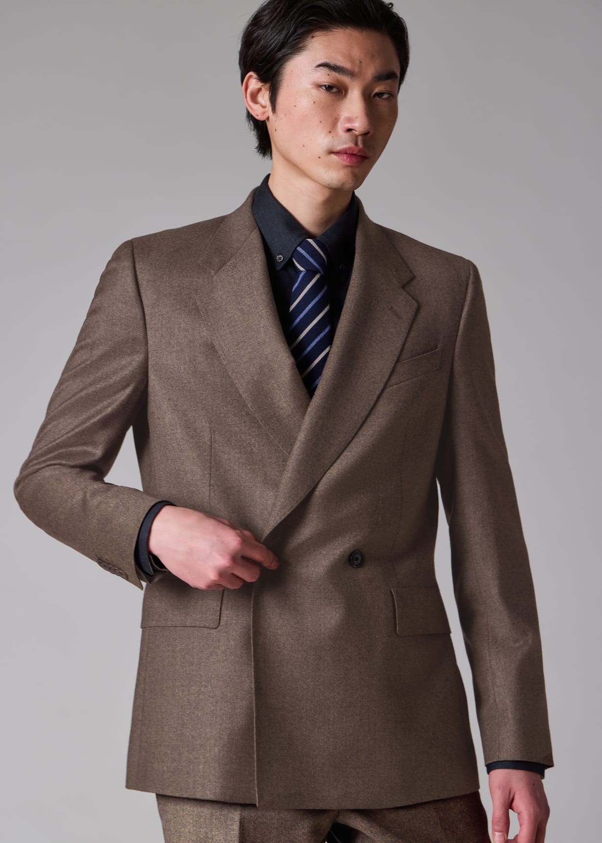 Men's Brown Overdyed Wool-Cashmere Flannel Double-Breasted Blazer