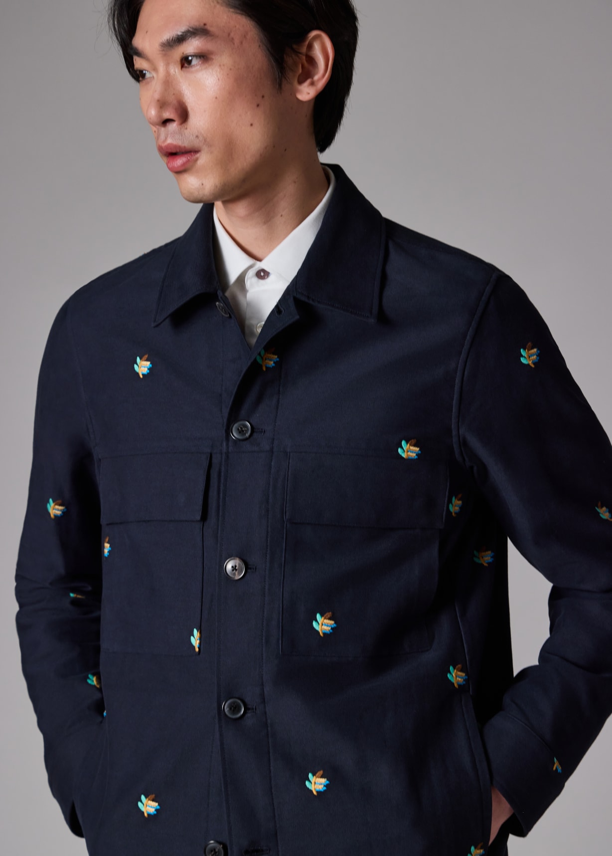 Navy Embroidered Leaf Cotton Shirt Jacket