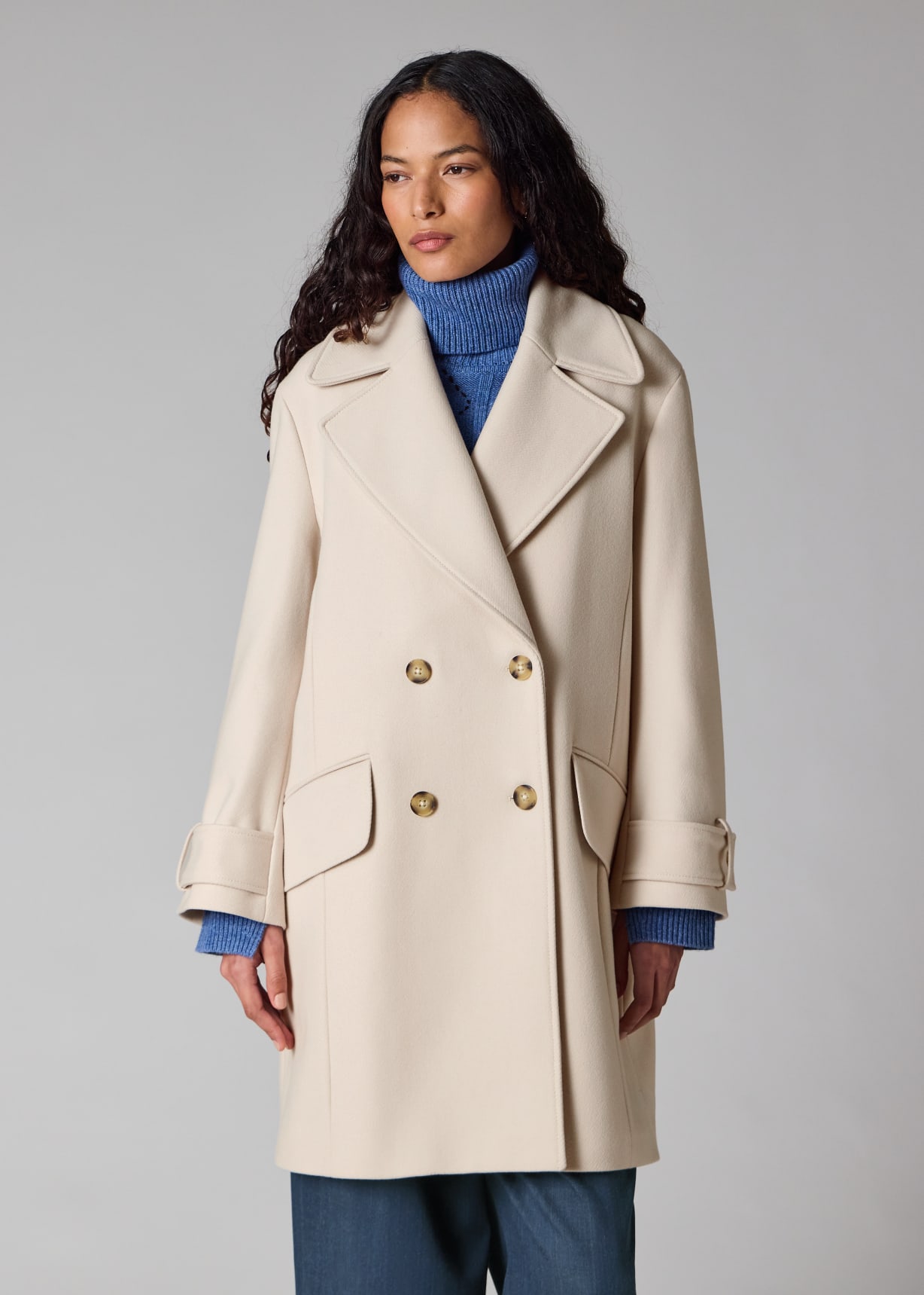 Women's Cream Double-Breasted Wool-Cashmere Coat