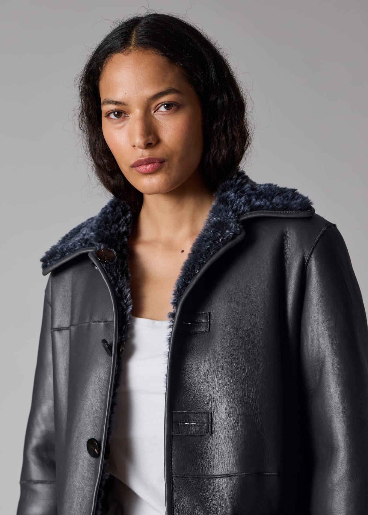 Women's Navy Reversible Leather and Shearling Coat