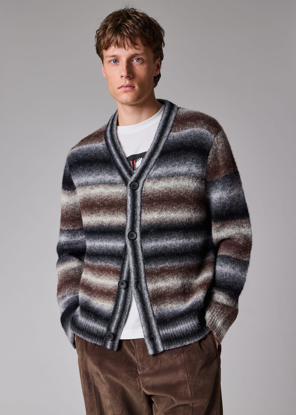 Men's Brown and Black Faded Stripe Cardigan